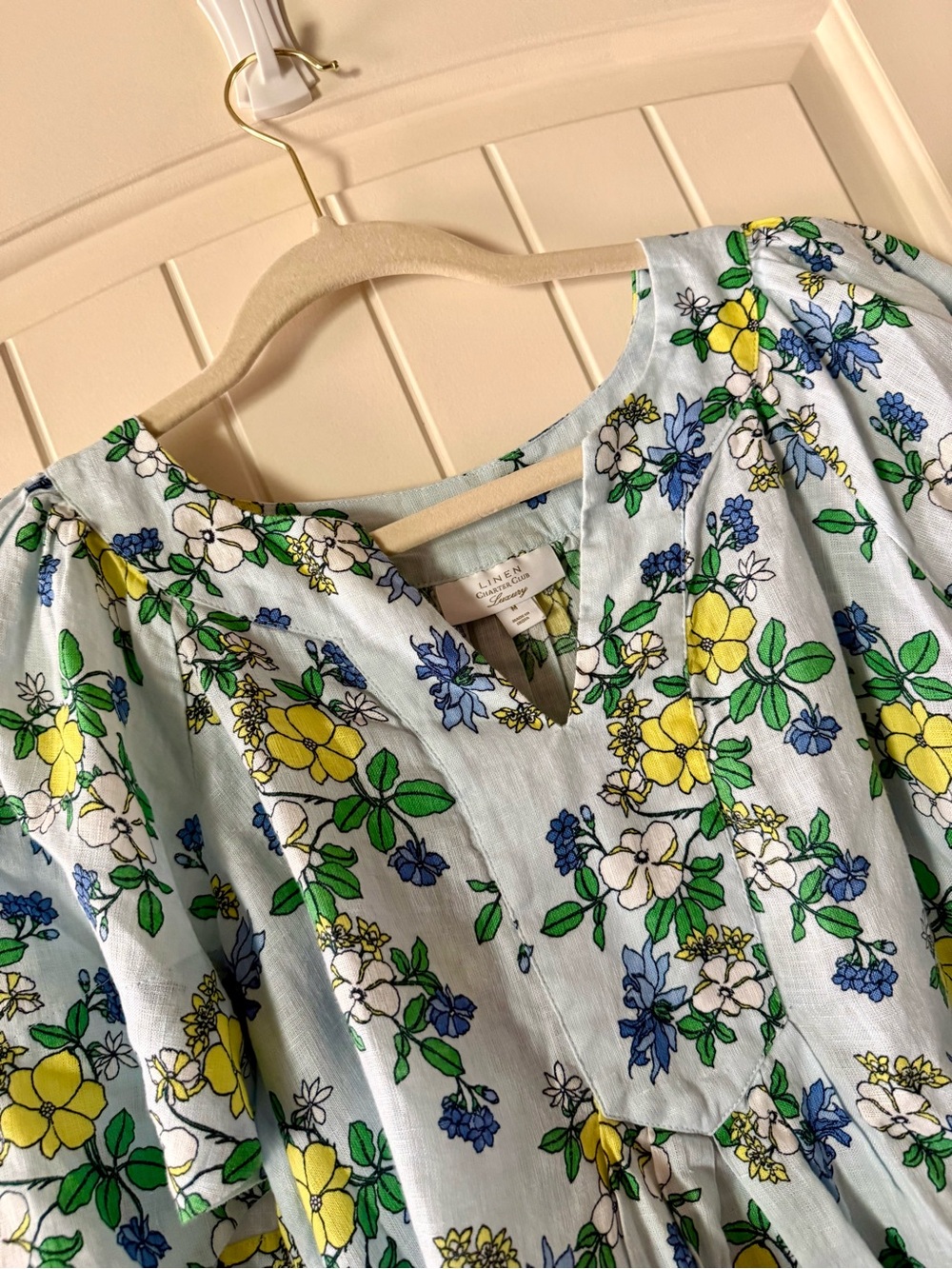 Charter Club Light Blue Floral Puff-Sleeve Blouse
